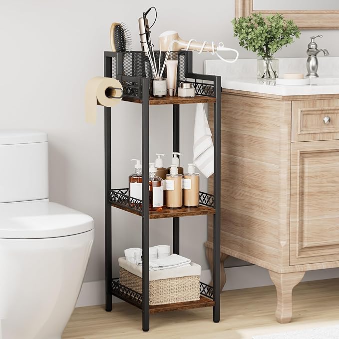 Bathroom Storage Shelf Hair Dryer Holder, 3-Tier Narrow Metal Standing Rack - Image 2
