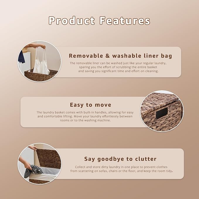 Laundry Hamper with Lid and Removable Liner Bag, Handwoven Natural Hyacinth - Image 6