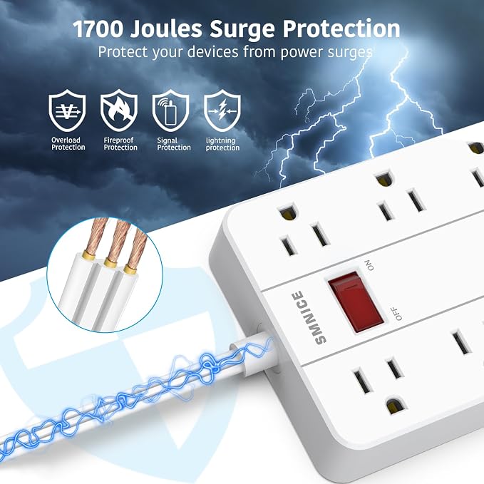 Power Strip Surge Protector, SMNICE Flat Plug Long Extension Cord 10 Ft - Image 5