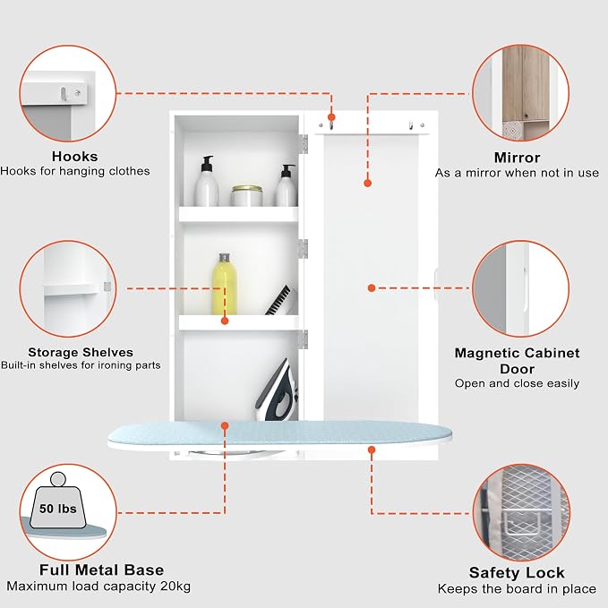 Wall Mount Ironing Board Cabinet, Built in Swivel Ironing Board Folding - Image 8