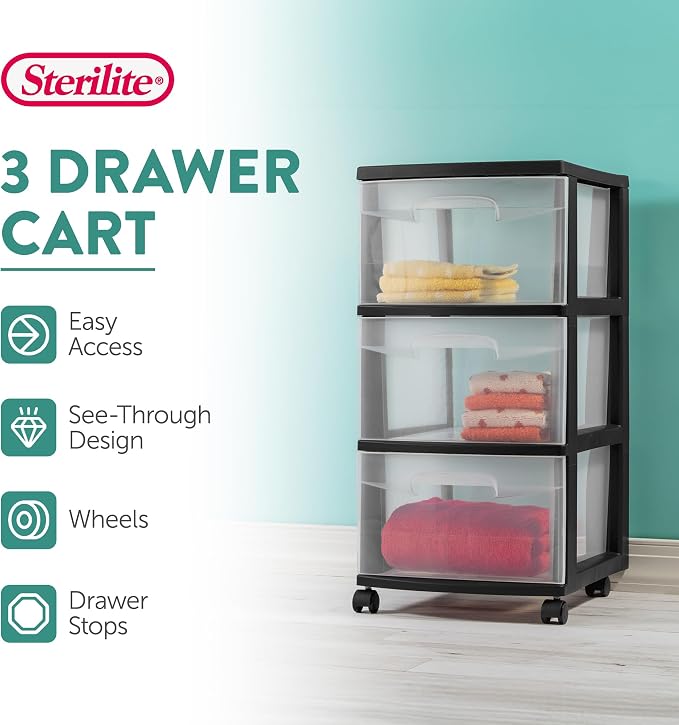 Sterilite 6 Pack Plastic Storage Organizer, 3 Drawer Rolling Bin Cart, Closet - Image 4