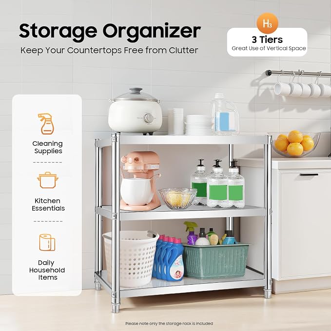Metal Work Table, 3 Tier Kitchen Storage Rack, Stainless Steel Shelving Unit - Image 3