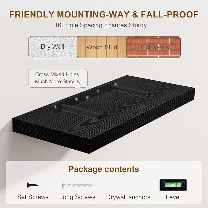 Fun Memories Rustic Black Floating Shelves 24 Inch Long, 8 Inch Deep Floating - Image 6