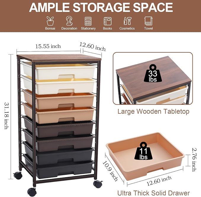 Rolling Storage Cart with Drawers, Rolling Drawer Cart and Wooden Tabletop - Image 2