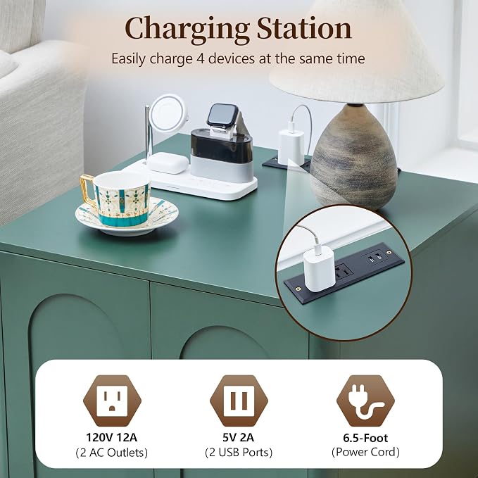 Bed Side Table with Charging Station, Mid Century Modern Nightstand with 2 Doors - Image 3