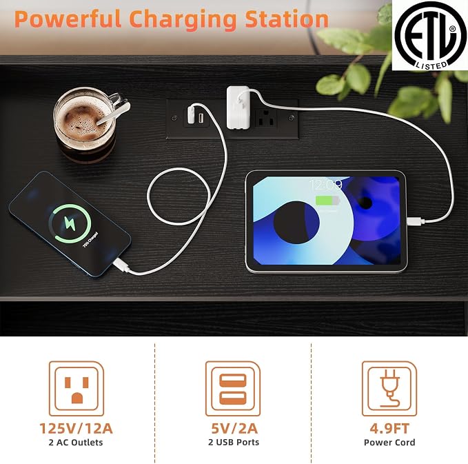 Nightstand with Charging Station and LED Light, Modern Nightstand with USB - Image 4