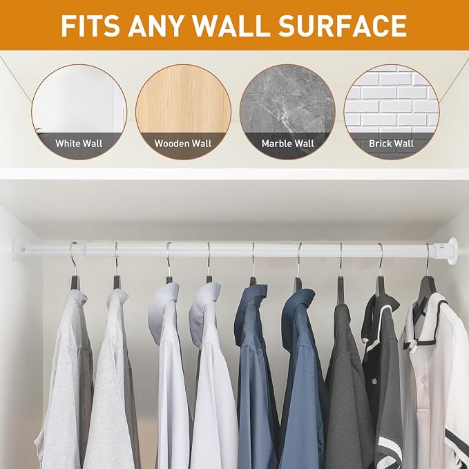 White Adjustable Closet Rod 18-48 Inches, Heavy Duty Metal Clothes Hanging Rod - Image 7