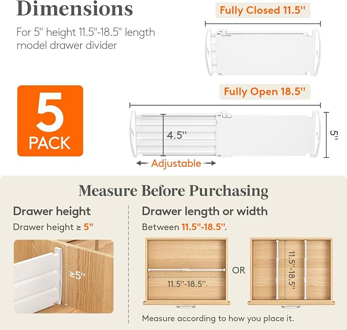 Lifewit 5" Tall 5 Pack Deep Drawer Dividers, 11.5-18.5" Expandable Drawer - Image 2