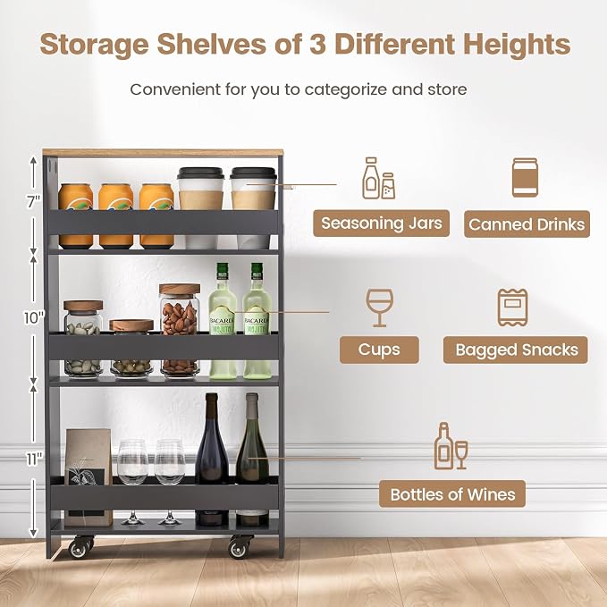 Slim Rolling Storage Cart, 4 Tier Narrow Kitchen Cart - Image 3