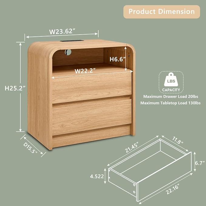 25" Tall Modern Nightstand Set of 2, 23.6'' Wide Wood Bedside Table w/2 Storage - Image 3