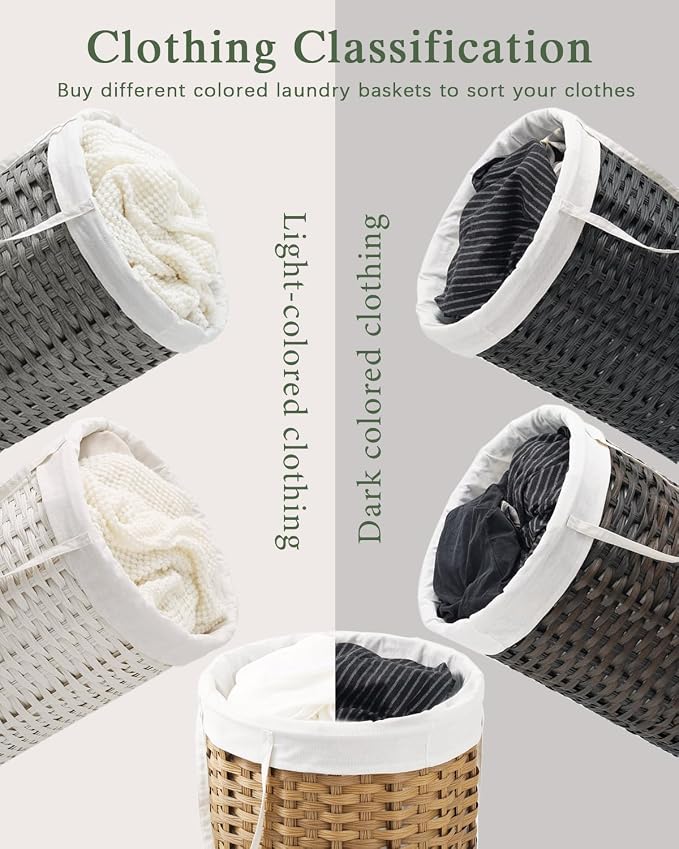 34.3 Gal Large Laundry Hamper Laundry Basket Round Handwoven Wicker Laundry - Image 3