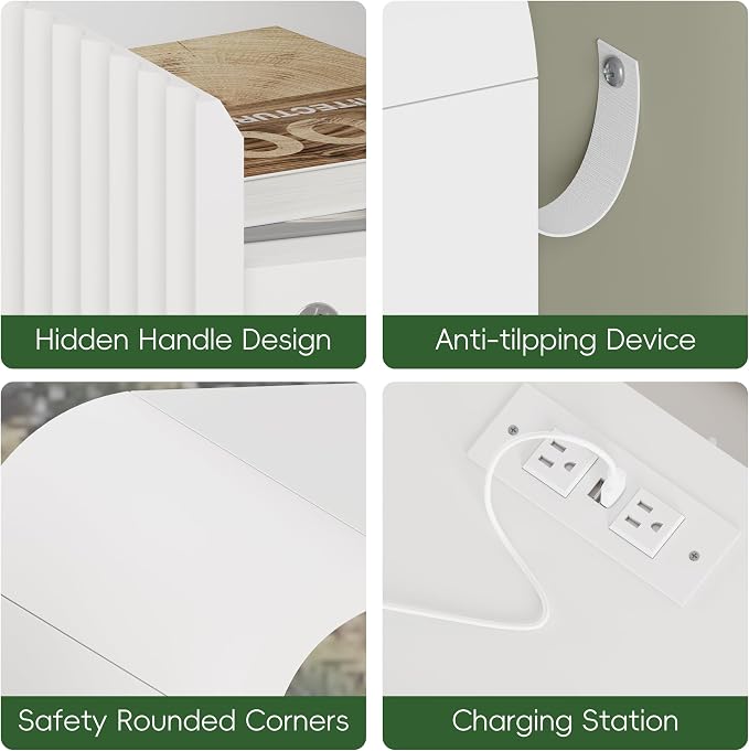 White Nightstand with Charging Station, Mid Century Modern Bedside Table & End - Image 7