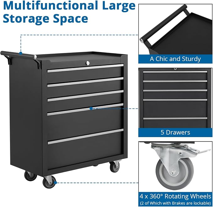 IDEALHOUSE Rolling Tool Chest, 5 Drawers Tool Storage Cabinet, Toolbox - Image 5