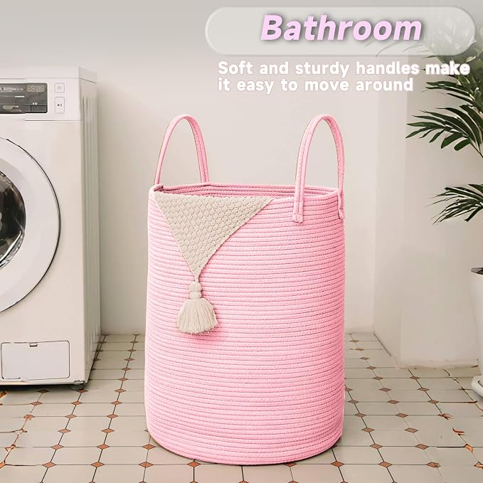 Large Woven Laundry Basket Hamper, 100L Cotton Rope Storage Bin - Image 5