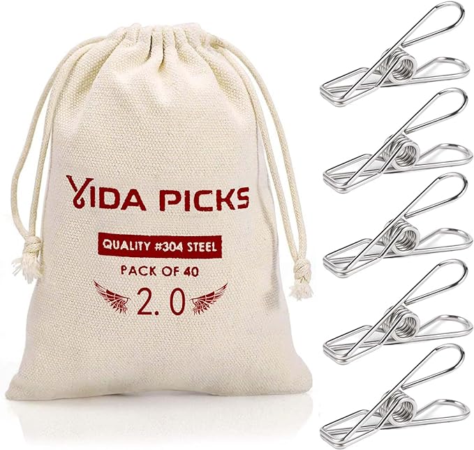 40 Pack Wire Clothes Pins Heavy Duty Outdoor, Stainless Steel ClothesPins by Vida+Picks