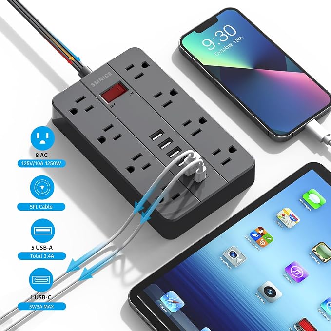 Power Strip with USB, SMNICE Surge Protector Flat Plug with 8 Widely-Spaced - Image 3