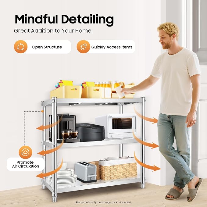 Metal Work Table, 3 Tier Kitchen Storage Rack, Stainless Steel Shelving Unit - Image 8