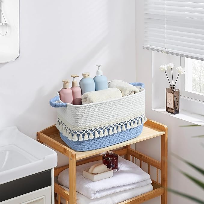3 Pack Storage Basket for Shelves, Boho Cotton Rope Storage Bins - Image 6