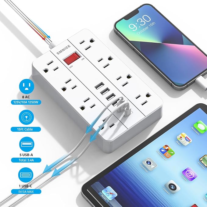Flat Plug Extension Cord 15 Ft, SMNICE Surge Protector Power Strip - Image 3
