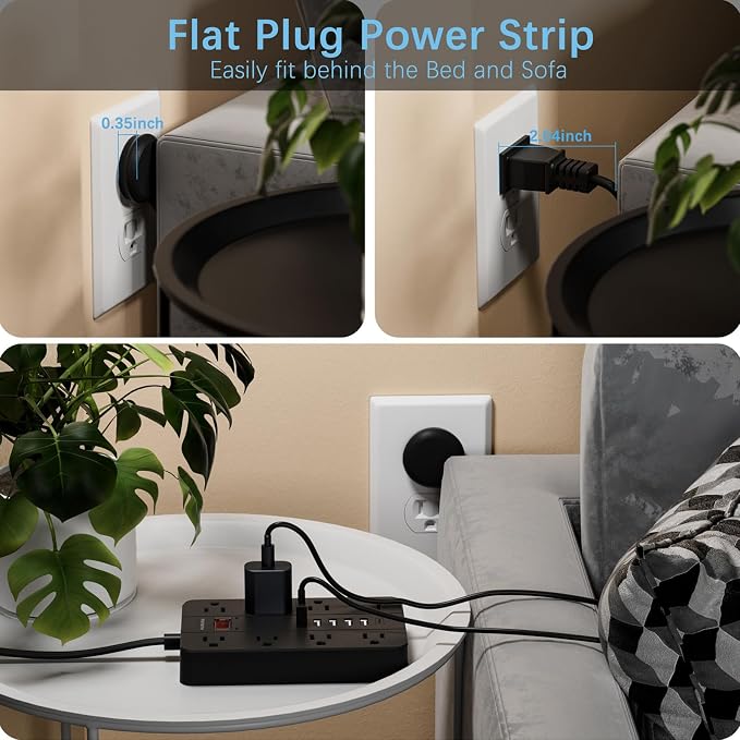 Power Strip with USB Ports, HUNIAN 5 Ft Extension Cord Flat Plug with 8 Outlets - Image 3