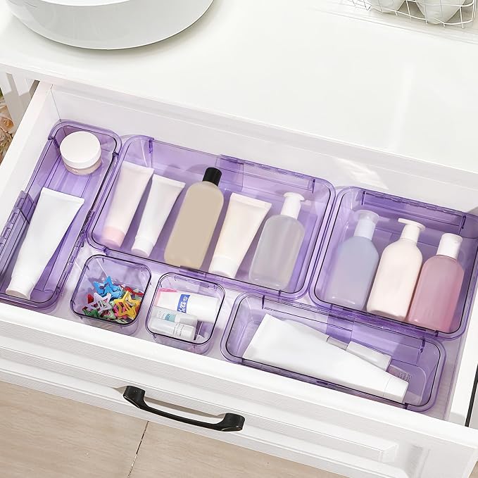 14 Pcs Adjustable Clear Drawer Organizer, Extendable Vanity Storage Bins - Image 5