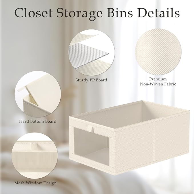 Criusia Beige Linen Closet Organizers and Storage, 8 Pack Foldable Mesh Window - Image 4