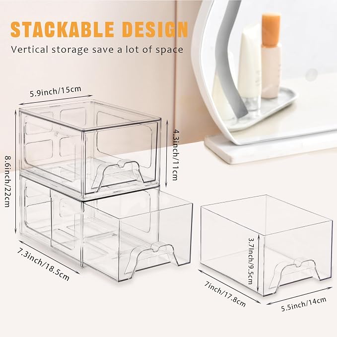 4 Pack Stackable Makeup Organizer, 4.4'' Tall Acrylic Bathroom Makeup Organizer - Image 2