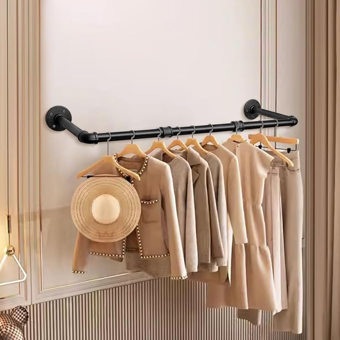 Industrial Iron Pipe Clothes Hanging Bar DIY Wall-Mounted Garment Rack Heavy - Image 6