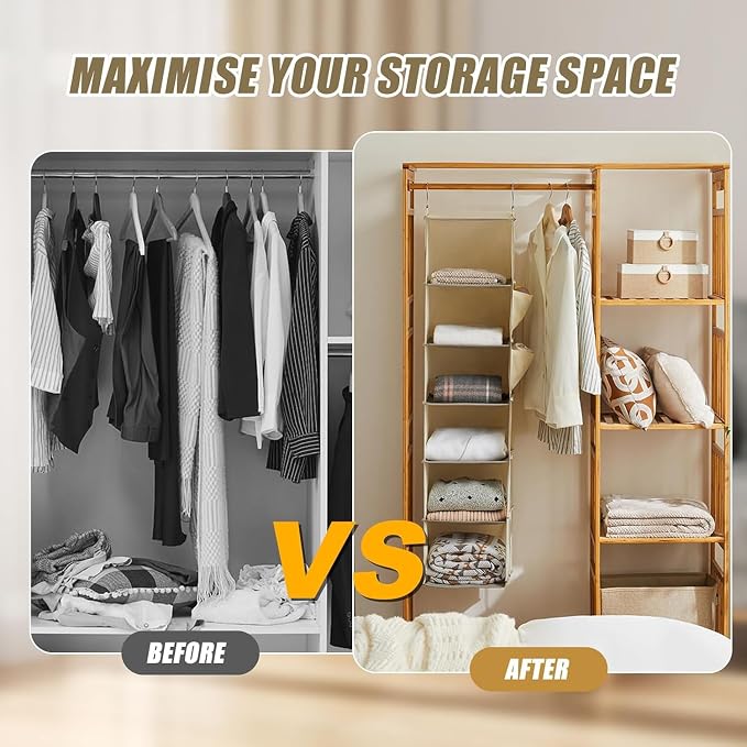 2 Pack 6-Shelf Hanging Closet Storage, Strong Frame Beige Closet Organizer - Image 6