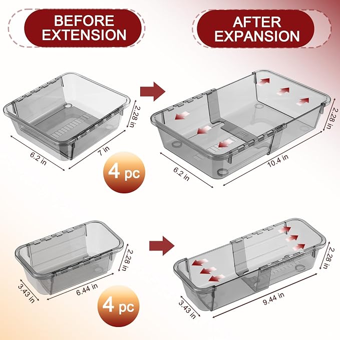 8 Pcs Extendable Clear Drawer Organizer, All Adjustable Vanity Storage Box - Image 2