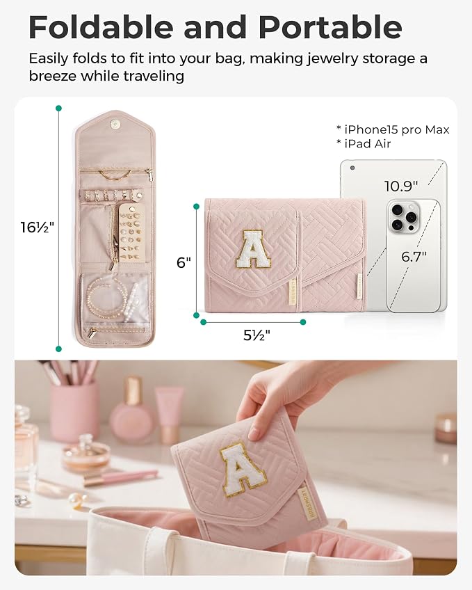 BAGSMART Travel Jewelry Organizer Case E Initial Foldable Jewelry Roll - Image 5