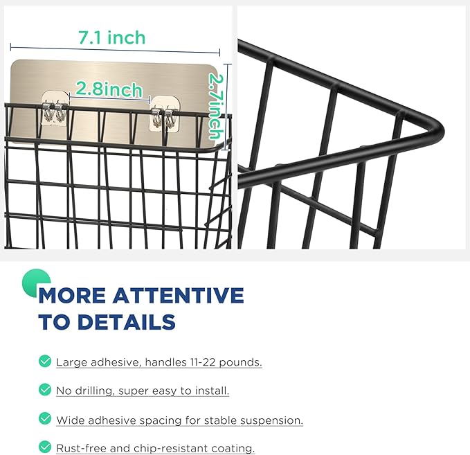 4 Pack Hanging Wall Basket Wire Storage Baskets, Adhesive Basket - Image 4