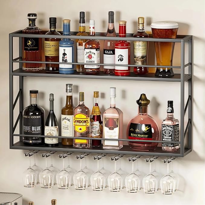 Wall Mounted Wine Rack with Glass Holder, 2-Tier Multi-Functional Shelf - Image 7