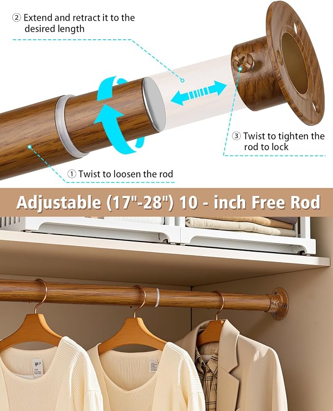 Closet Rods for Hanging Clothes, 17-52 Inch Heavy Duty and Stepless Adjustable - Image 4