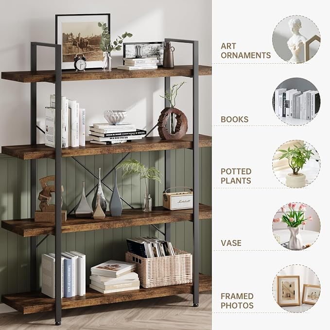 Bookshelf Set, Heavy Duty 4-Tier Industrial Bookcase, 120lbs Shelf Capacity - Image 3