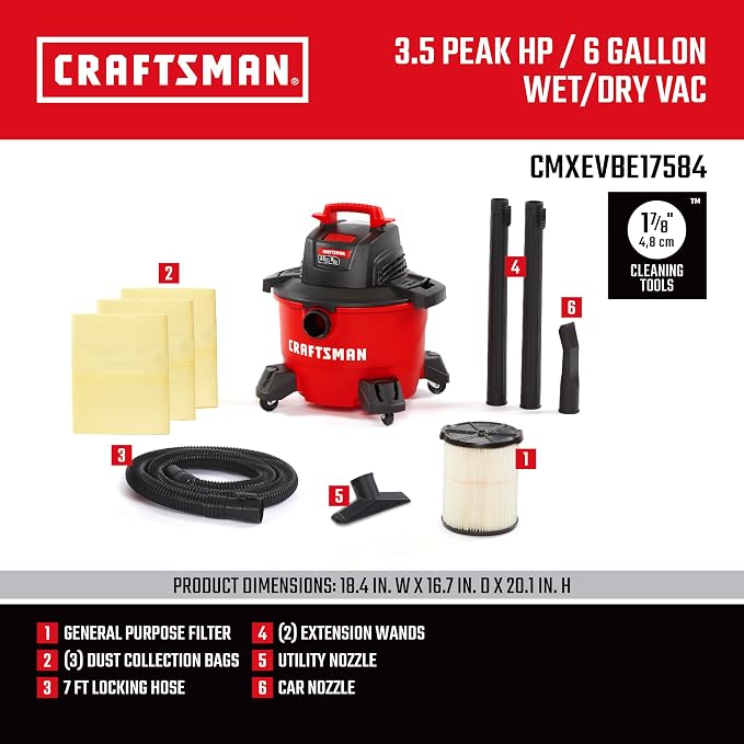 Craftsman CMXEVBE17584 6 Gallon 3.5 Peak HP Wet/Dry Vac, Portable Shop Vacuum - Image 3
