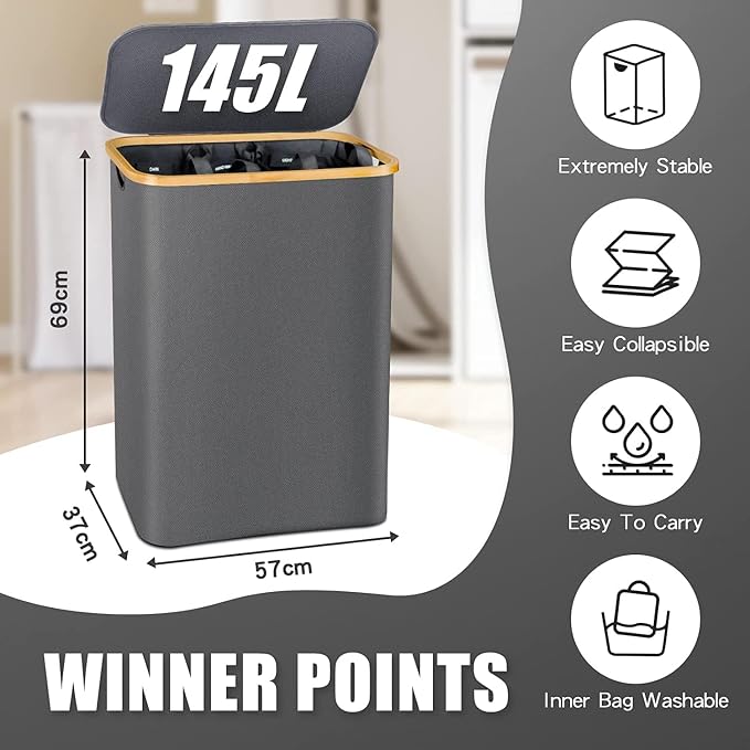 Laundry Hamper with Lid, 145L Extra Large Hamper 3 Section Dirty Clothes Hampers - Image 3