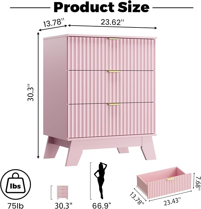 Pink Night Stand with 3 Drawers, Bedside Table & End Table, Farmhouse Night - Image 2