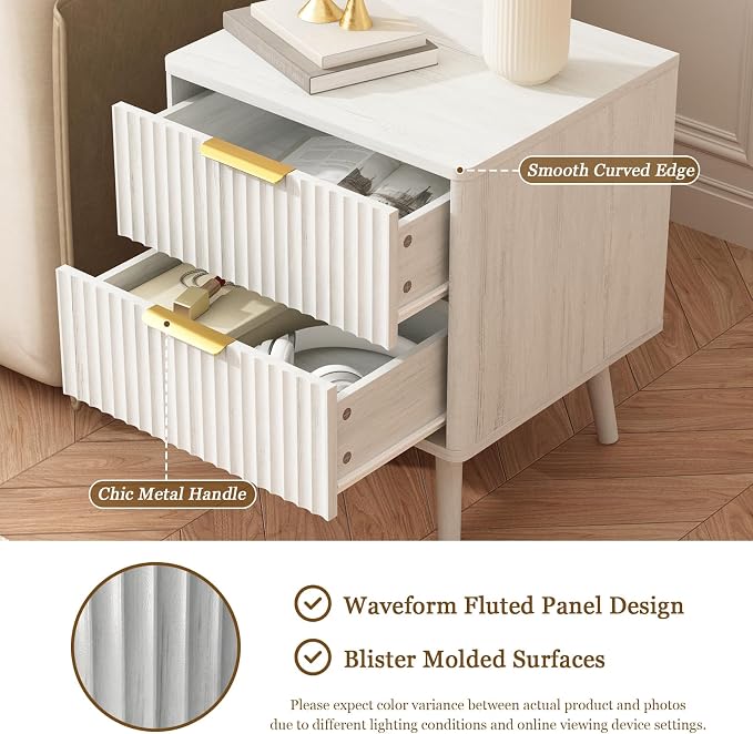 CARPETNAL Fluted Nightstand, Wood End Table Mid Century Night Stands - Image 4