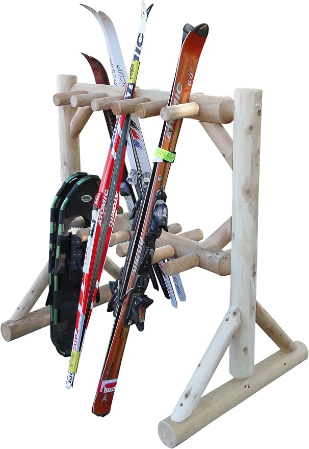 11-Place Freestanding Log Ski Rack Holder, Indoor & Outdoor Snowboard Racks - Image 8