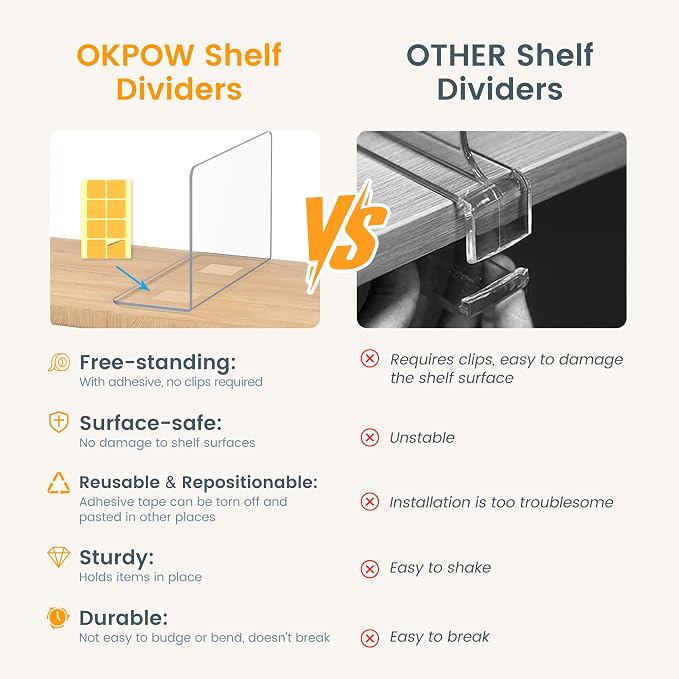 OKPOW Acrylic Shelf Dividers for Closet Organization: 8 Pack Durable Clear - Image 3