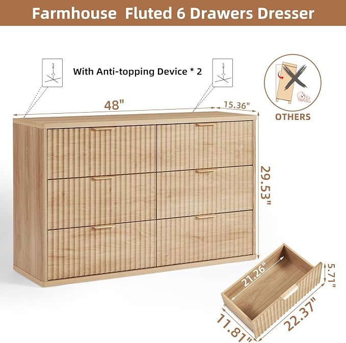 LEYAOYAO Fluted 6 Drawers Dresser Set of 2, Curved Profile Design, Dresser TV - Image 3