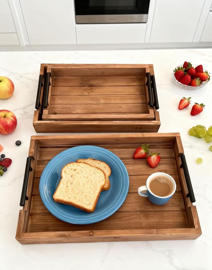 Coffee Table Tray Decorative Nested Vintage Wood Serving Tray Set - Image 2