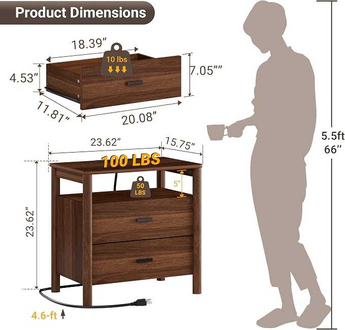 Night Stand with Charging Station, 2 Drawers Nightstand with Open Shelf - Image 2