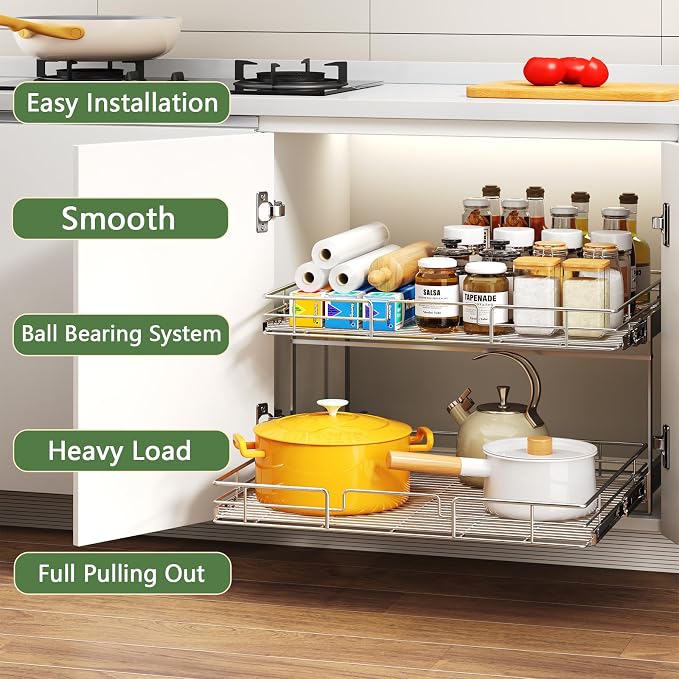 2 Tier Individual Pull Out Cabinet Organizer 30" W x 21½" D, Heavy Duty Cabinet - Image 2
