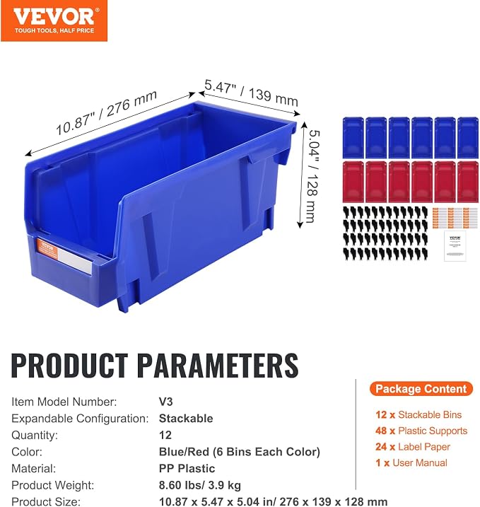 VEVOR Plastic Stackable Storage Bins 12 Pack, Hanging Storage Organizer Bins - Image 7