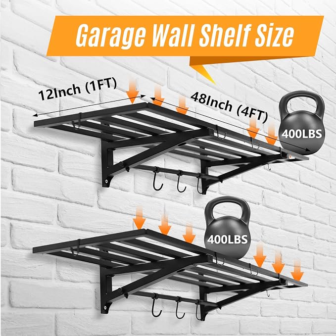 2-Pack 1X4 FT Garage Shelving Wall Mounted Holds Up to 800 Lbs Heavy Duty Wall - Image 2