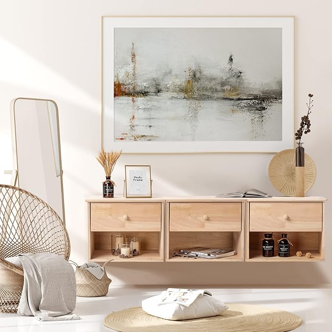 VINGLI Unfinished Natural Solid Wood Floating Nightstand - Image 2