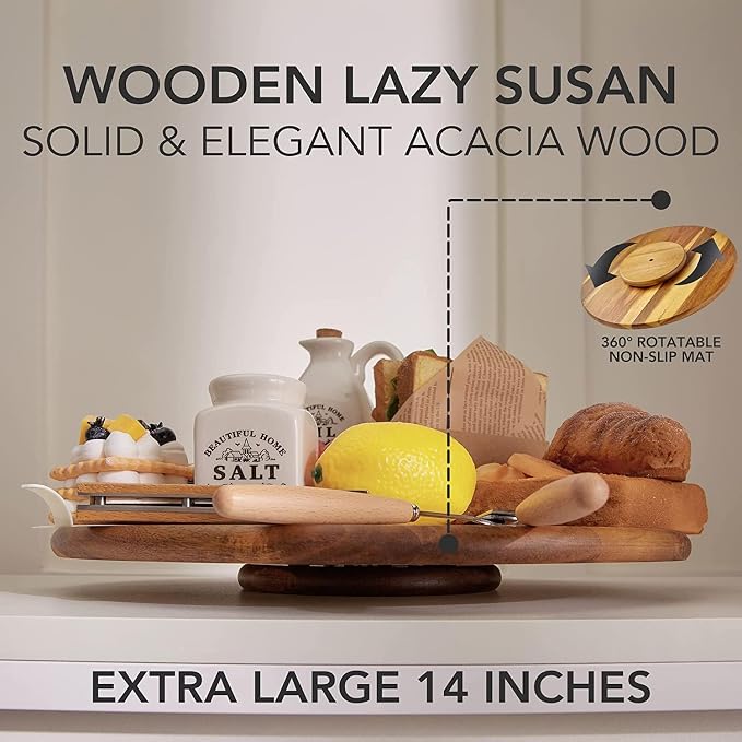 Acacia Wood Lazy Susan Wood Turntable Tray Cabinet Organizer - Image 4