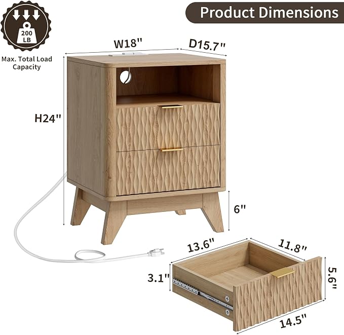 Fluted Nightstand with Charging Station, Bedside Table - Image 3